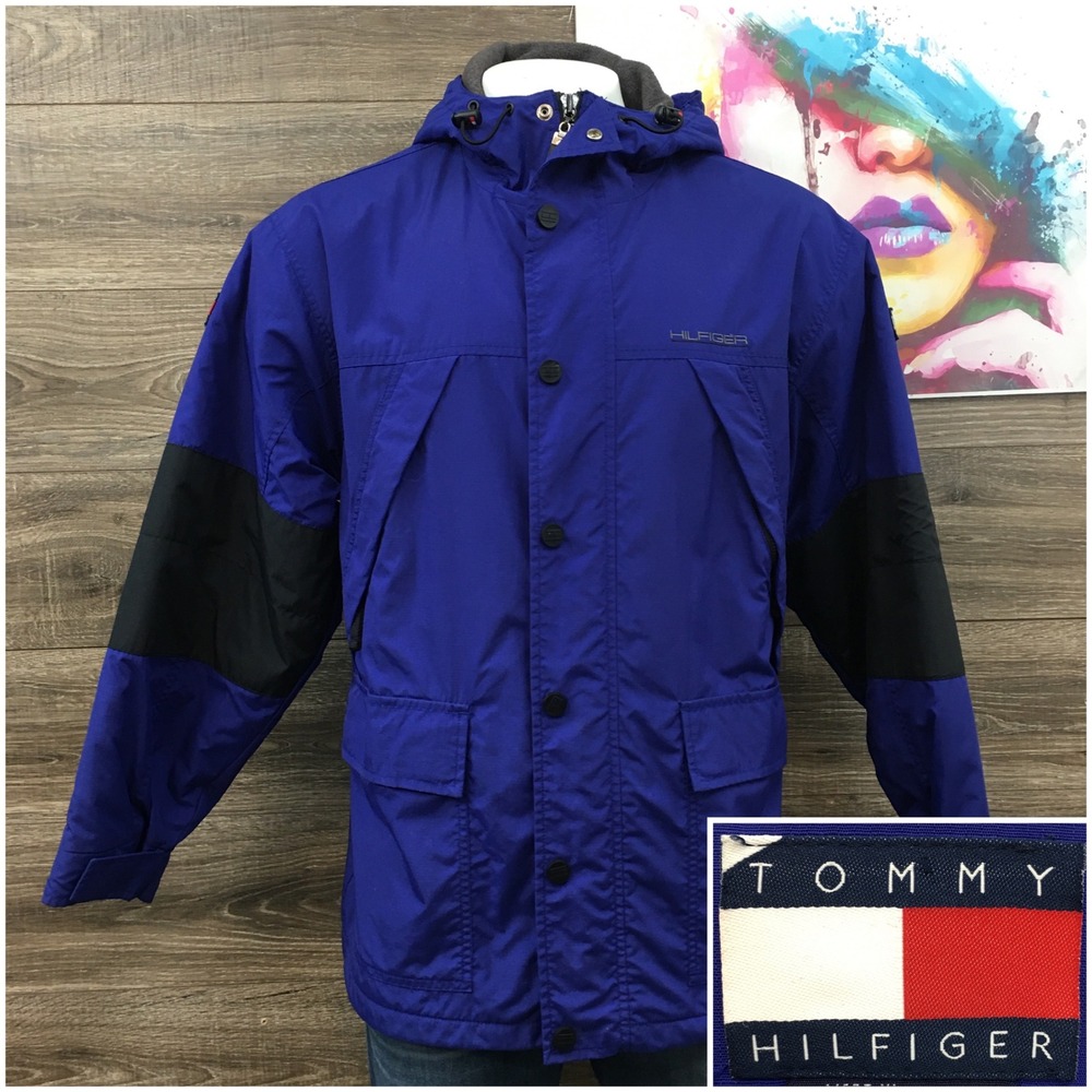 VINTAGE Tommy Hilfiger Mens Y2K Fleece Lined Hooded‎ Jacket Windbreaker Large